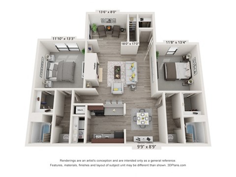 Floor plan for 2 beds, 2 baths, 1254 sqft